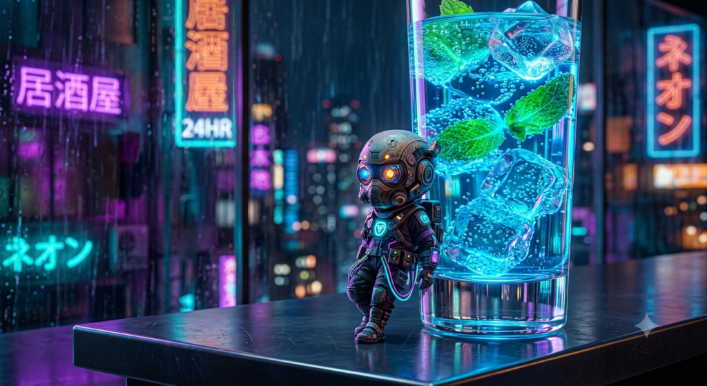 A premium 8K cyberpunk neon miniature cocktail lounge prompt render variation