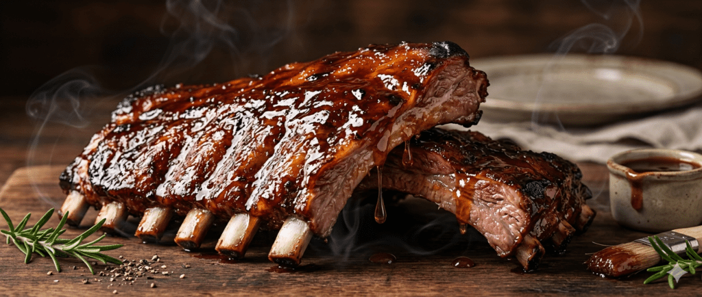 An elite ultra realistic 8K commercial banner of honey glazed barbecue ribs from AI barbecue ad prompts