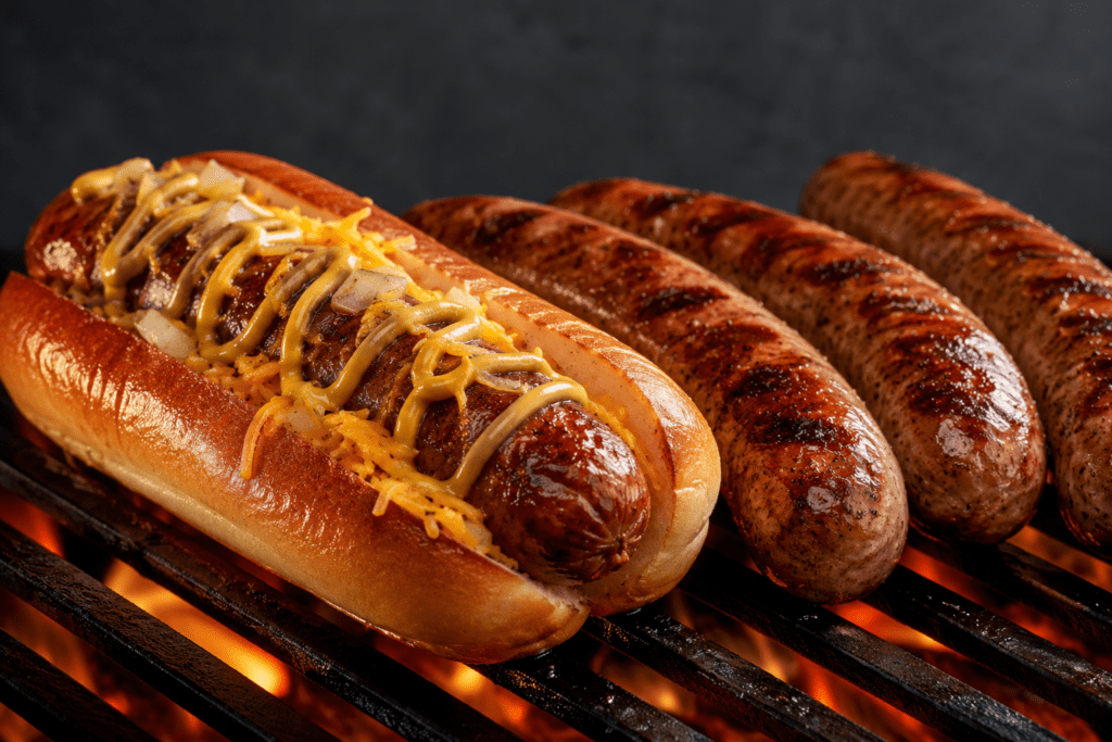 A premium appetizing commercial food ad of grilled hot dogs and sausages using AI barbecue ad prompts