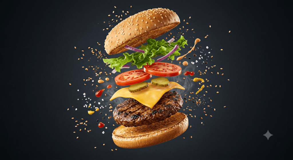 A dynamic high speed commercial advertisement of a deconstructed burger flying via AI burger ad prompt