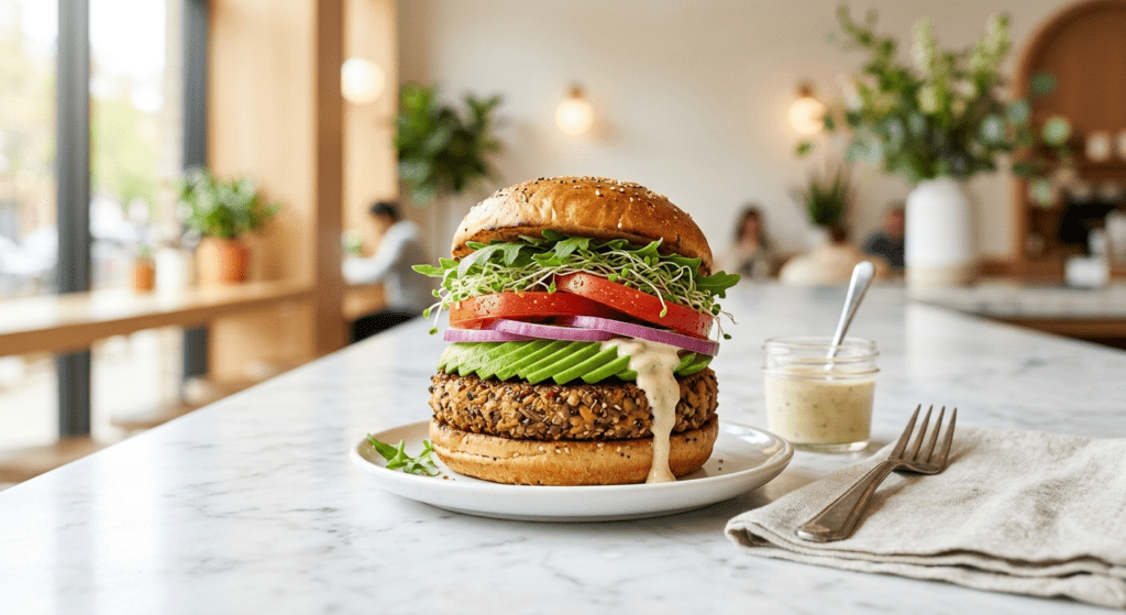 A high fidelity commercial advertising print of a plant based avocado veggie burger using AI burger ad prompt