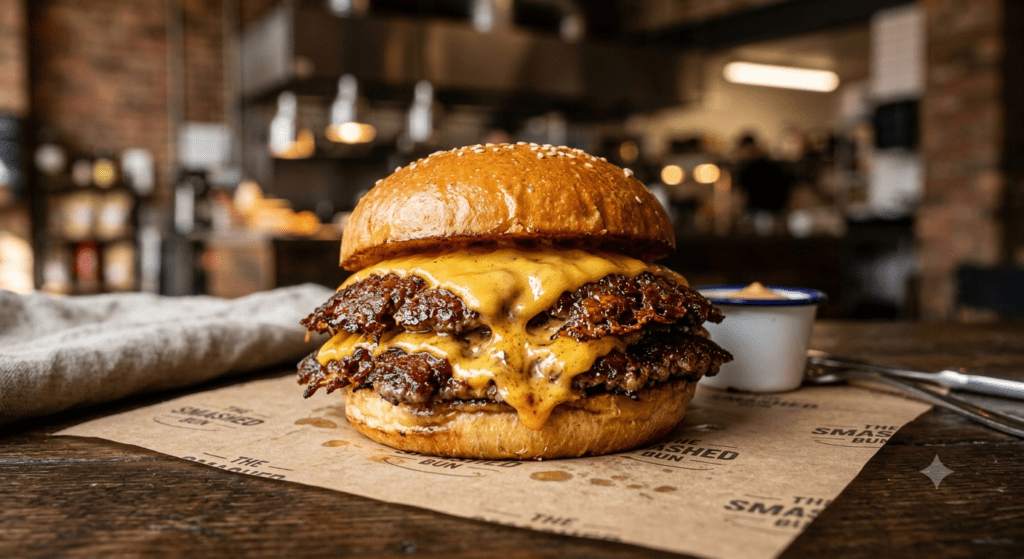 A high end commercial product advertisement photograph of a double smash burger generated using AI burger ad prompt for THE PROMPT HOME