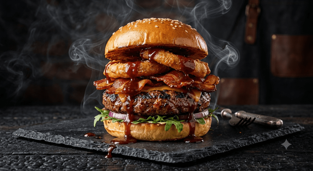 A premium high contrast commercial food photography print of a smokehouse BBQ burger from AI burger ad prompt