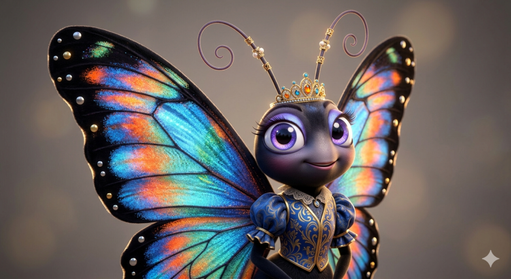 A high fidelity 3D cartoon portrait of an iridescent butterfly using AI cartoon creature prompt