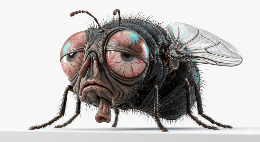 A hyper realistic 3D cartoon housefly caricature generated using AI cartoon creature prompt for THE PROMPT HOME
