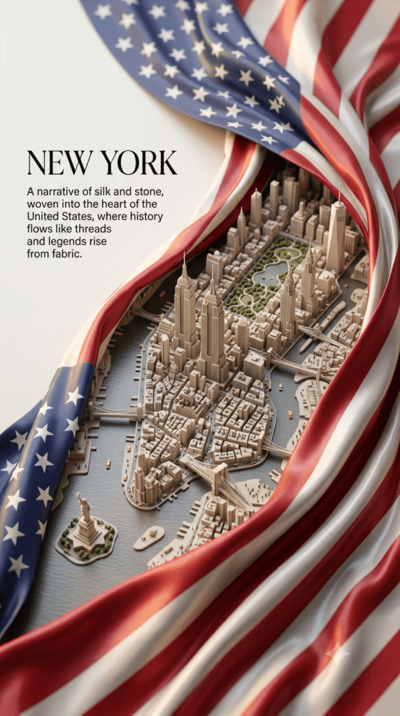 A high end editorial travel poster showcase of New York and London generated using AI city flag art for THE PROMPT HOME