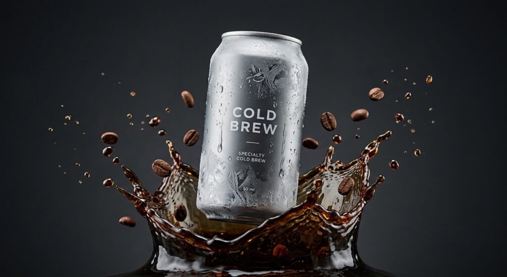 A modern high energy commercial advertising print of a cold brew coffee can using AI coffee ad prompts