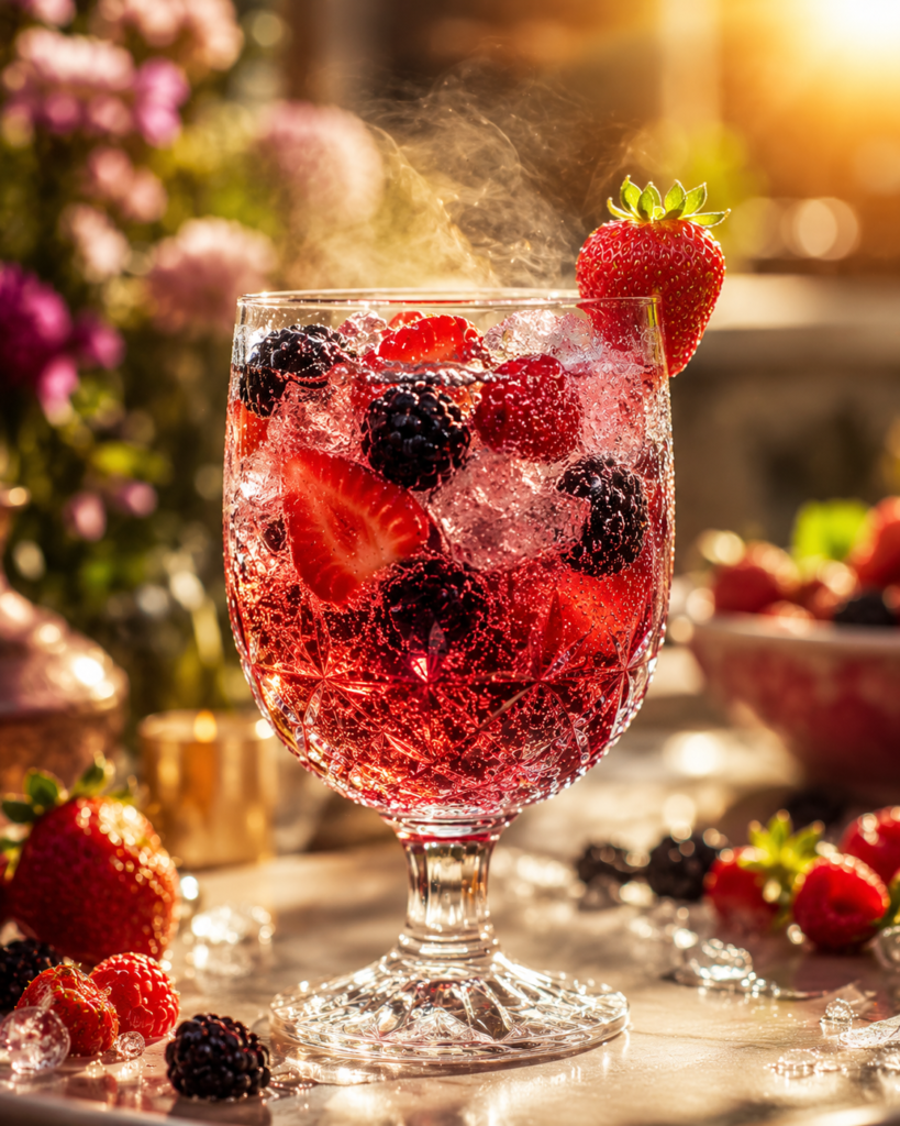 A sophisticated commercial advertisement displaying a crystal goblet of berry mocktail via AI cold drink ad prompts