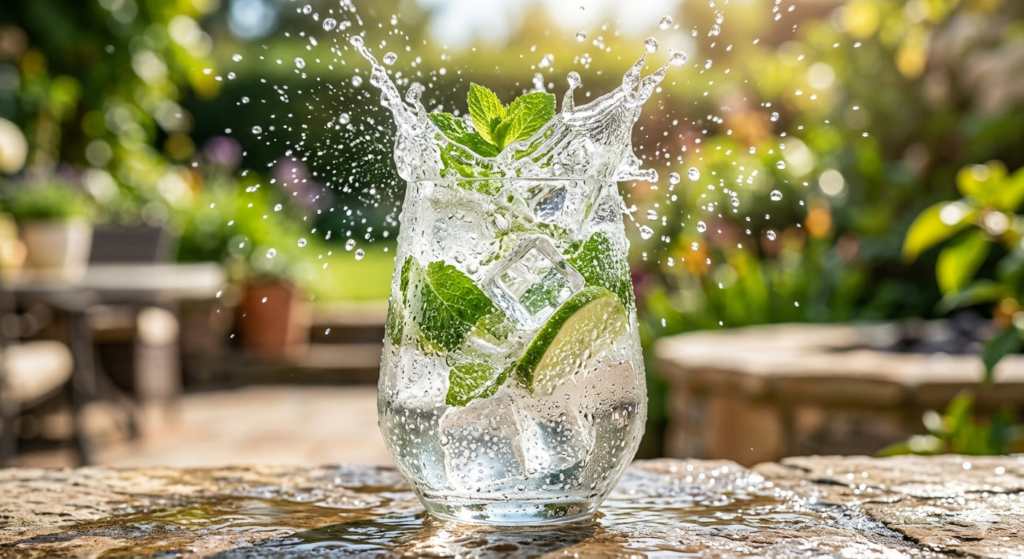 A high end commercial product advertisement photograph of citrus lime soda generated using AI cold drink ad prompts for THE PROMPT HOME