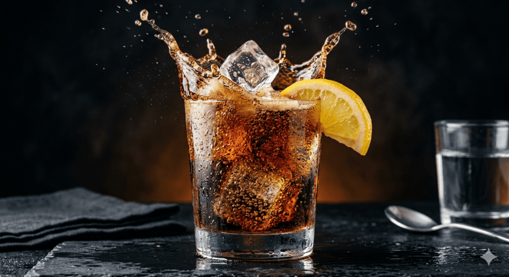 A premium high contrast commercial food photography print of carbonated cola from AI cold drink ad prompts