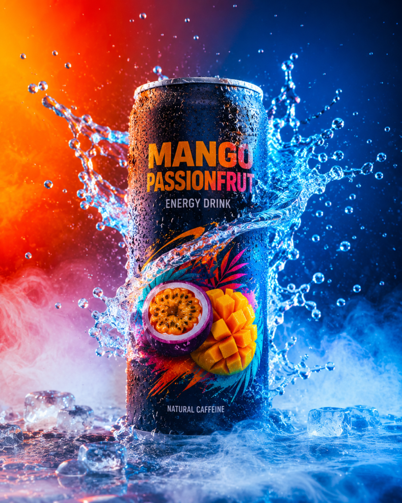 A modern high energy commercial lifestyle advertisement of an energy drink can using AI cold drink ad prompts