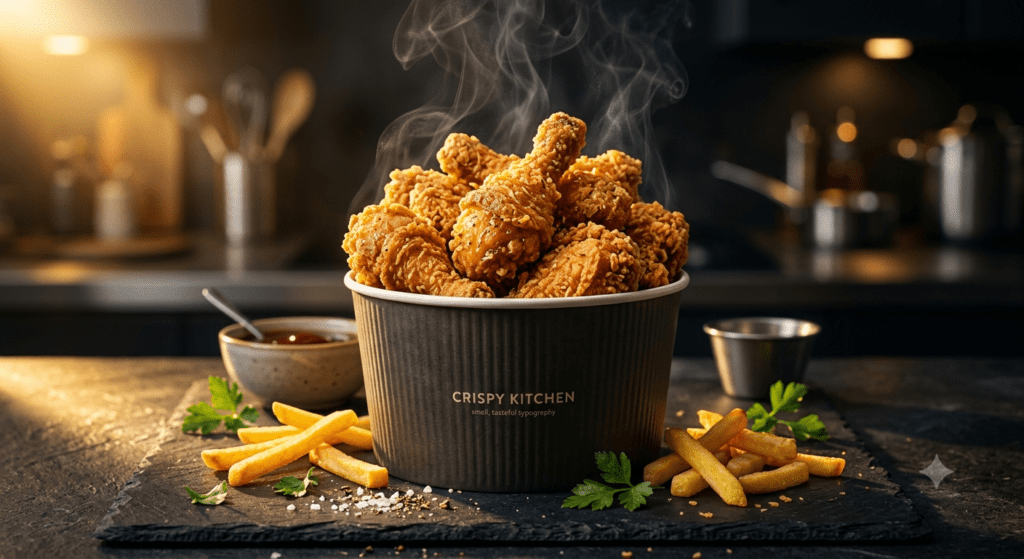 A high end commercial product advertisement photograph of a fried chicken bucket generated using AI fried chicken ad prompt for THE PROMPT HOME
