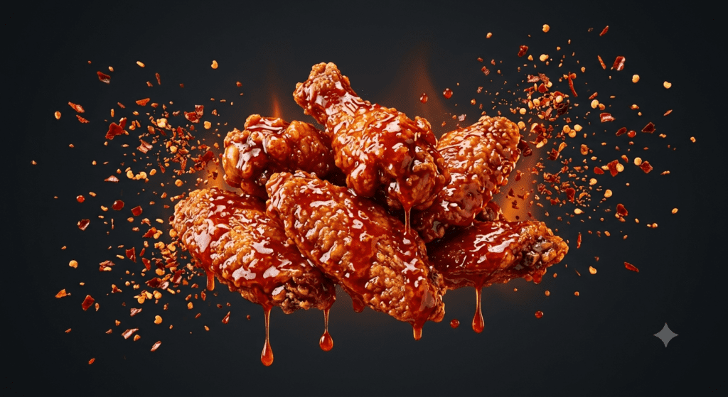 A premium high contrast commercial food ad of fiery honey glazed wings from AI fried chicken ad prompt
