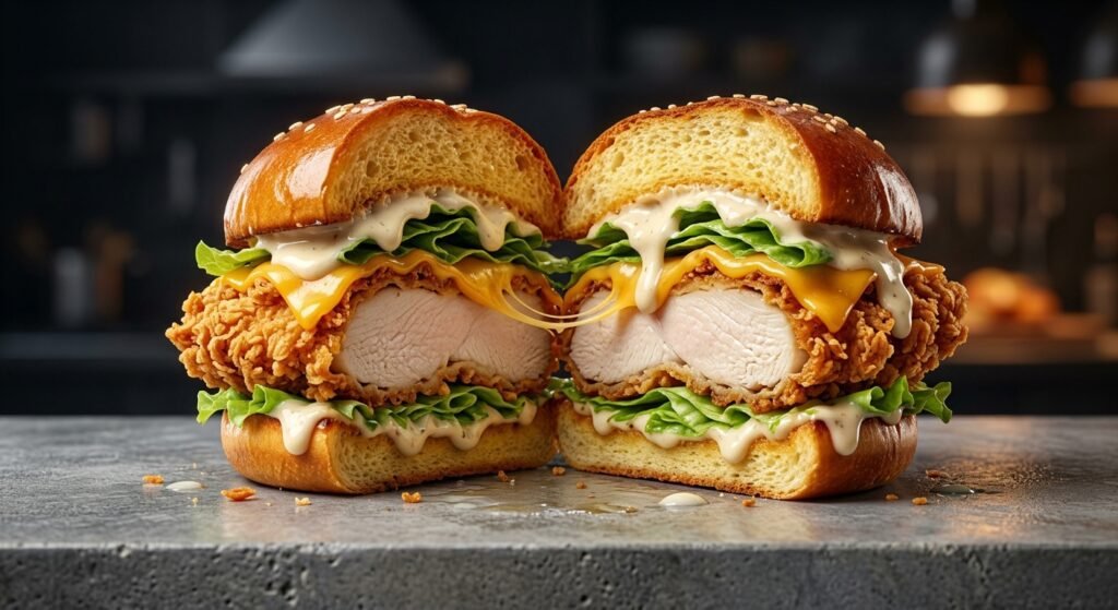 A high fidelity commercial advertising print of a luxury fried chicken sandwich using AI fried chicken ad prompt