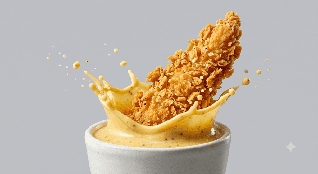A dynamic high speed commercial advertisement of a fried chicken tender dipping via AI fried chicken ad prompt