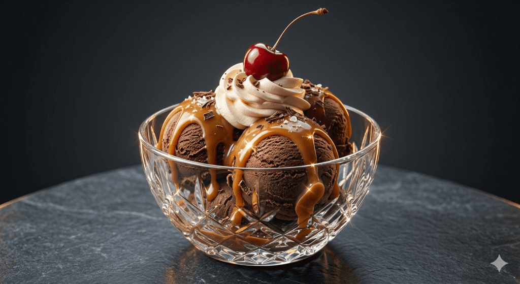 A premium high contrast commercial food ad of a gourmet chocolate sundae from AI ice cream ad prompts