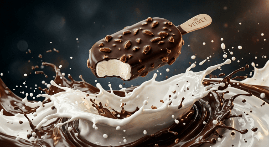 A dynamic high energy commercial print of a chocolate coated ice cream bar using AI ice cream ad prompts