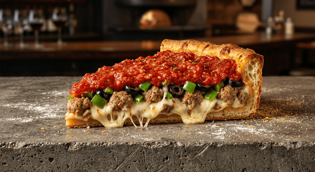 A high fidelity commercial advertising print of a Chicago deep dish pizza slice using AI pizza ad prompt