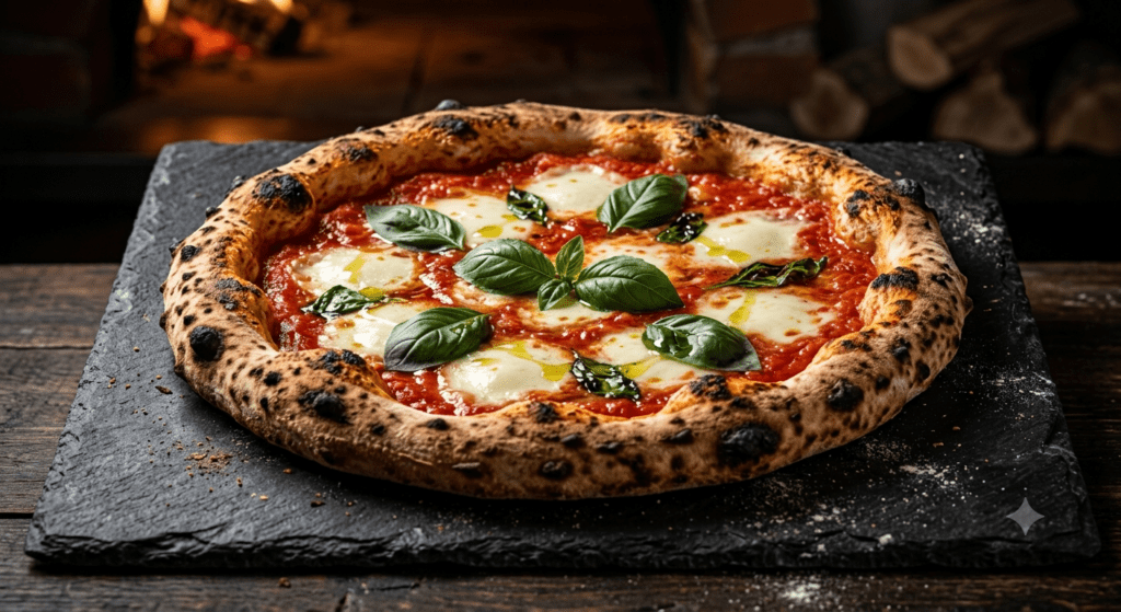 A premium high contrast commercial food photography print of a Margherita pizza from AI pizza ad prompt