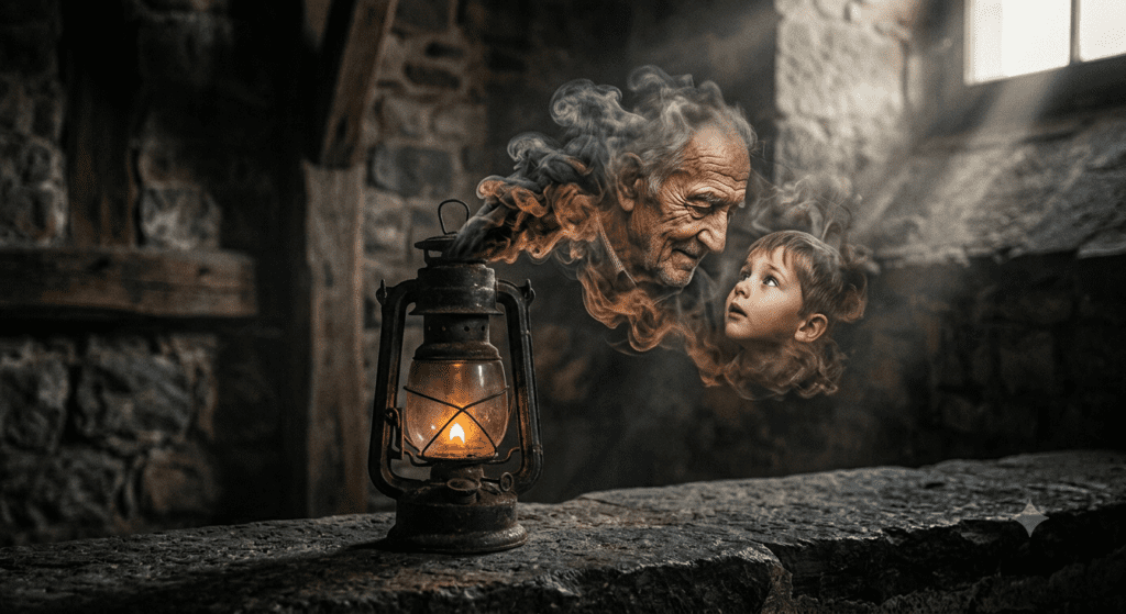 A dramatic high contrast grandfather and grandson tribute scene generated via emotional smoke portrait prompt