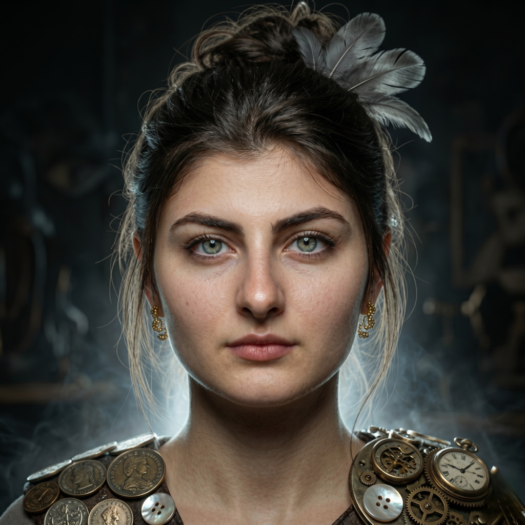 A woman’s portrait featuring Surreal Mixed Media AI Art with steampunk gears.