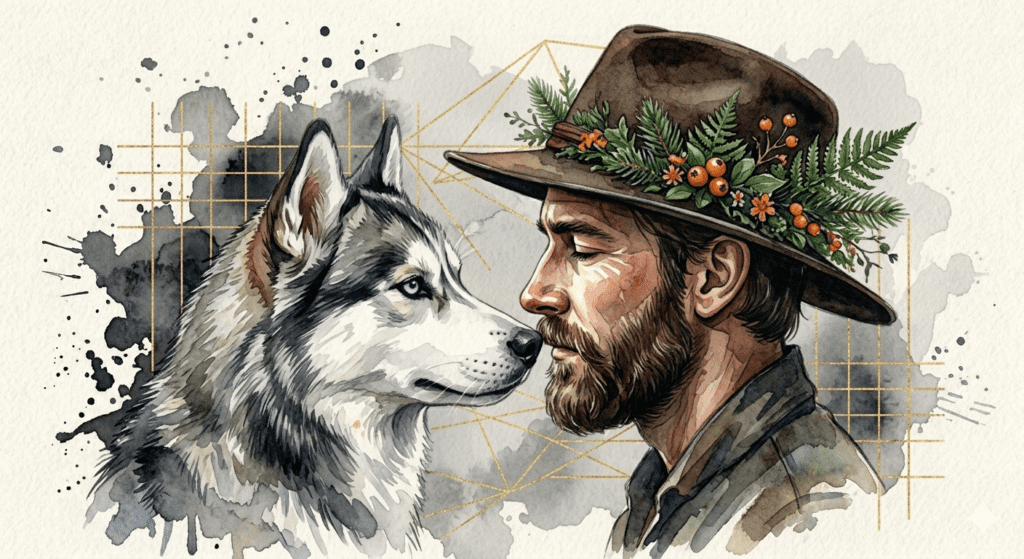 A powerful beautiful watercolor portrait AI prompts render of a man and a husky dog in side profile