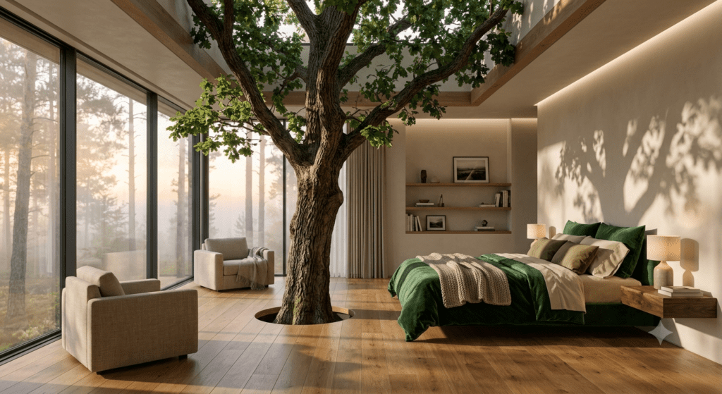 Biophilic AI Prompts for Luxury Interiors A master bedroom featuring a massive ancient oak tree growing through the floor generated using AI prompt for THE PROMPT HOME