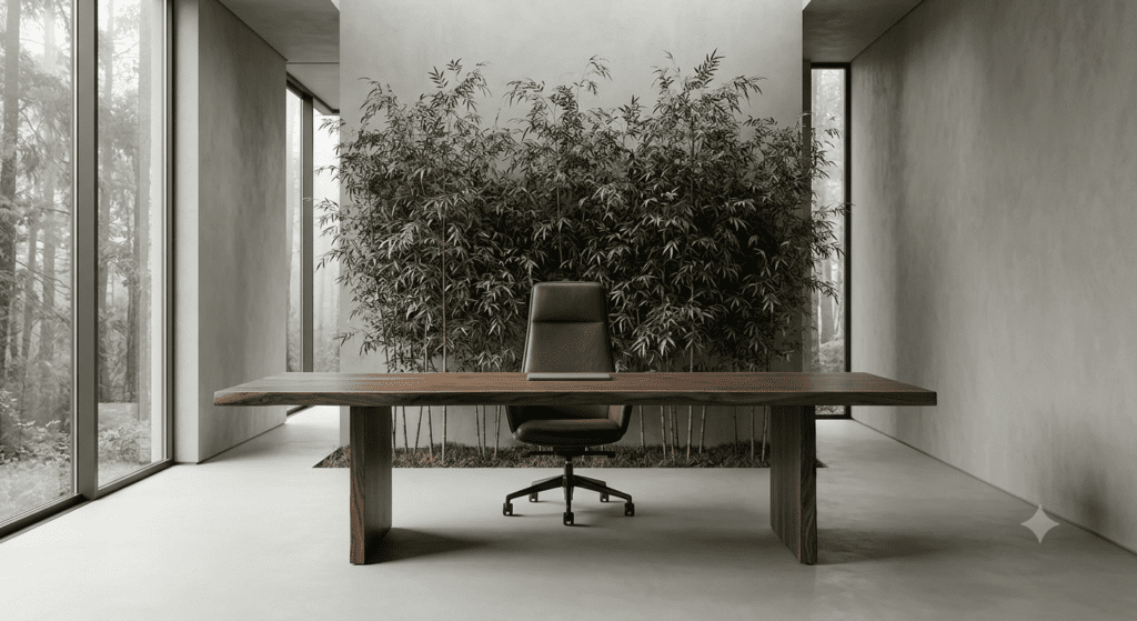 A minimalist luxury executive office with a solid walnut live edge desk surrounded by a bamboo grove