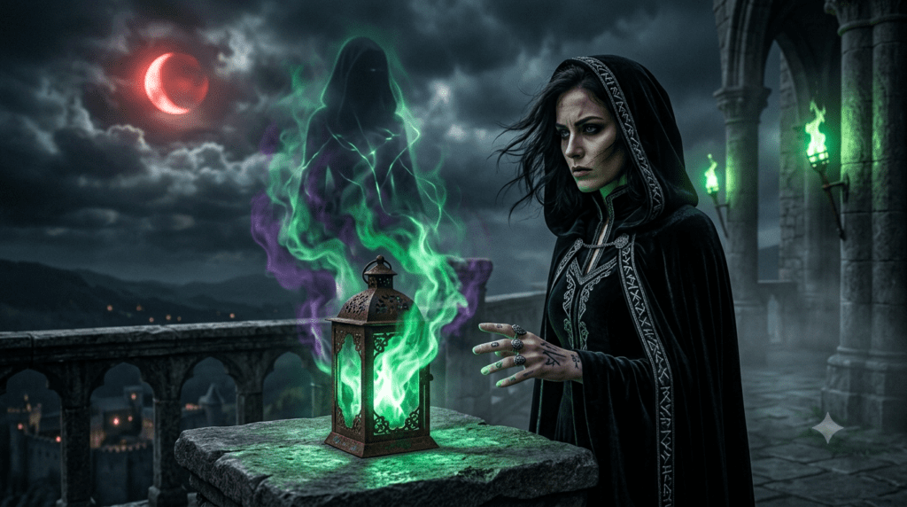 A premium cinematic fantasy portrait of a woman with an antique lantern and a glowing soul reflection generated using AI prompt for THE PROMPT HOME