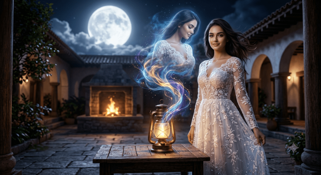 A premium cinematic fantasy portrait of a woman with an antique lantern and a glowing soul reflection generated using AI prompt for THE PROMPT HOME