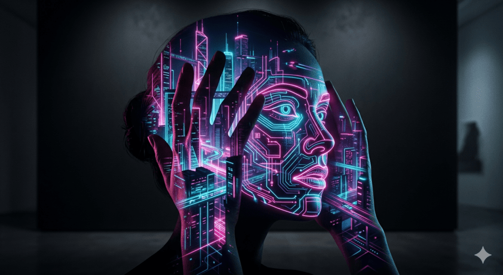 A futuristic duotone double exposure illusion portrait art render featuring a neon city inside a hand shadow