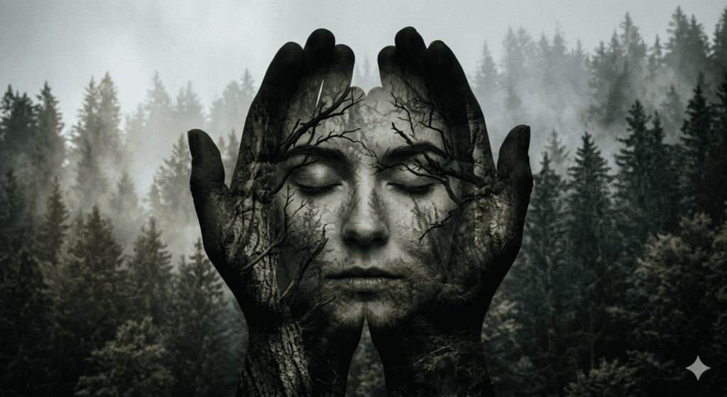 A detailed double exposure illusion portrait art render blending human hands with a misty pine forest