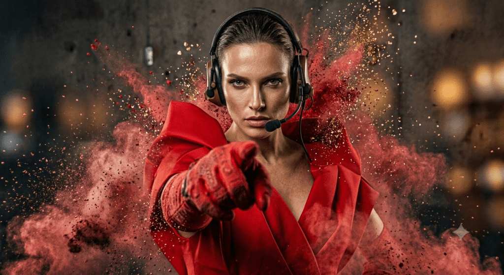 A high fidelity tactical female solo portrait featuring cinematic dust explosion particle physics