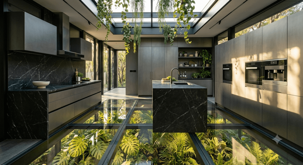 A high end luxury kitchen with transparent glass floors over an indoor tropical garden