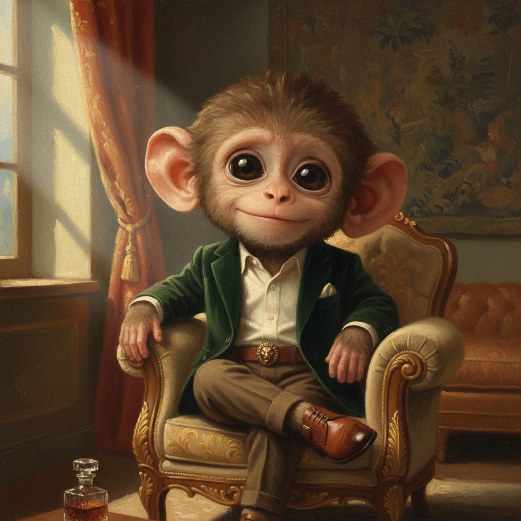 Realistic oil painting of a sophisticated baby monkey in a green velvet blazer sitting confidently in a vintage armchair.