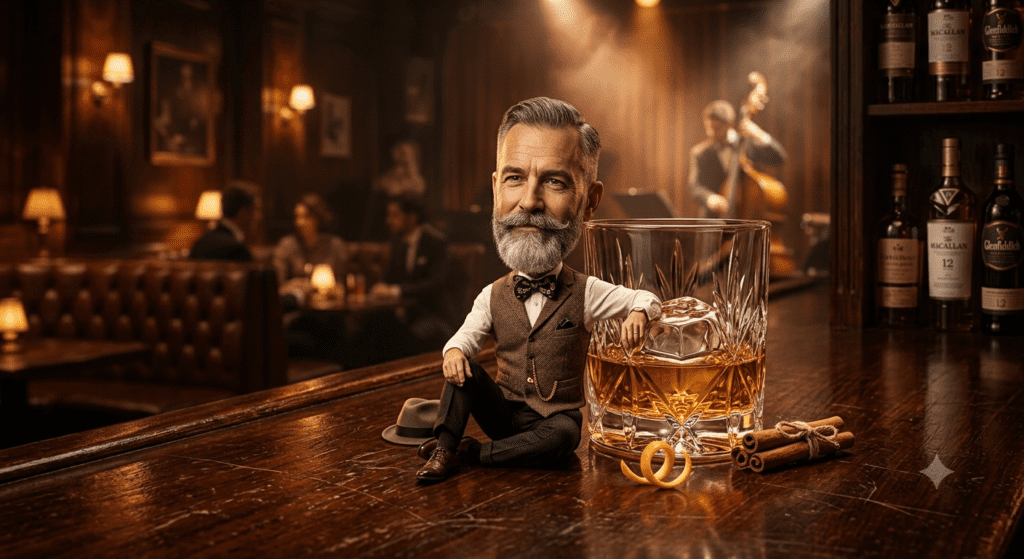 A hyper realistic miniature man cocktail scene generated using advanced AI image prompt for THE PROMPT HOME