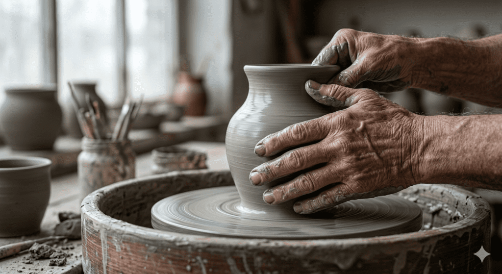 A hyper realistic clay hand sculpture prompts render of an artisan hands shaping wet clay on a pottery wheel for THE PROMPT HOME