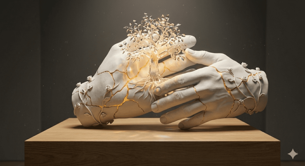 A hyper realistic clay hand sculpture prompts render of a white polymer clay hand holding a glowing crystal tree