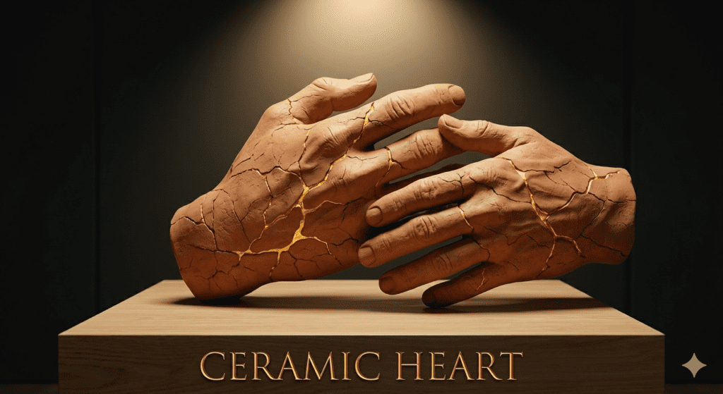 A hyper realistic clay hand sculpture prompts render of intertwined terracotta hands with golden kintsugi cracks
