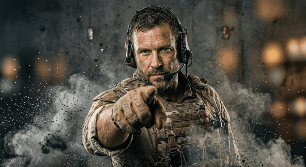 A high fidelity tactical male solo portrait featuring cinematic dust explosion particle physics