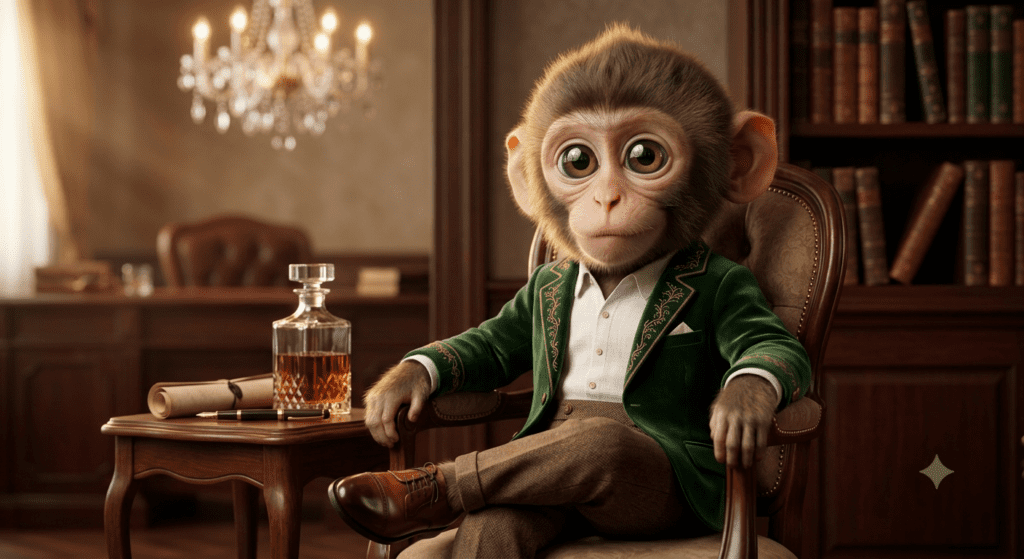 A high end editorial gentleman monkey portrait in vintage style generated using advanced AI prompt for THE PROMPT HOME