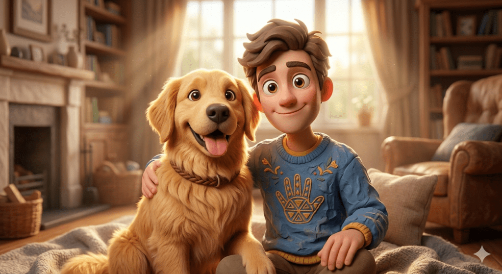 A cinematic Pixar style 3D portrait prompt render of a cheerful young man with a golden retriever dog for THE PROMPT HOME