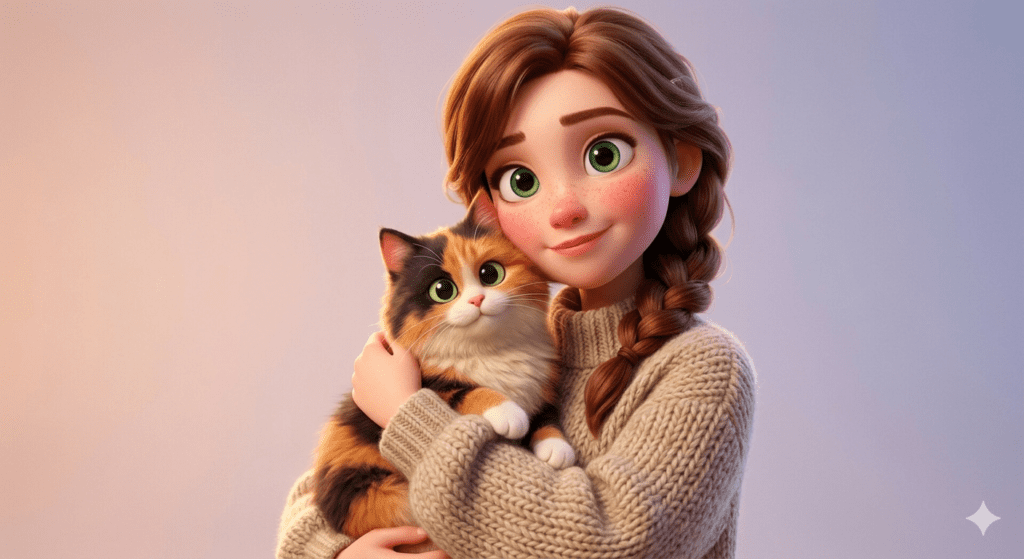 A beautiful Pixar style 3D portrait prompt render of a young woman holding a fluffy calico cat