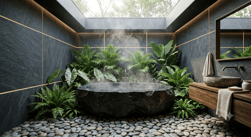 A luxury spa bathroom with a natural stone soaking tub and tropical ferns under a massive skylight