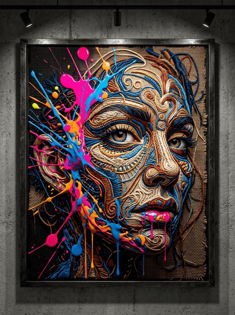 An avant-garde surreal mixed media AI art prompt render featuring embroidered silk and neon acrylic paint splashes
