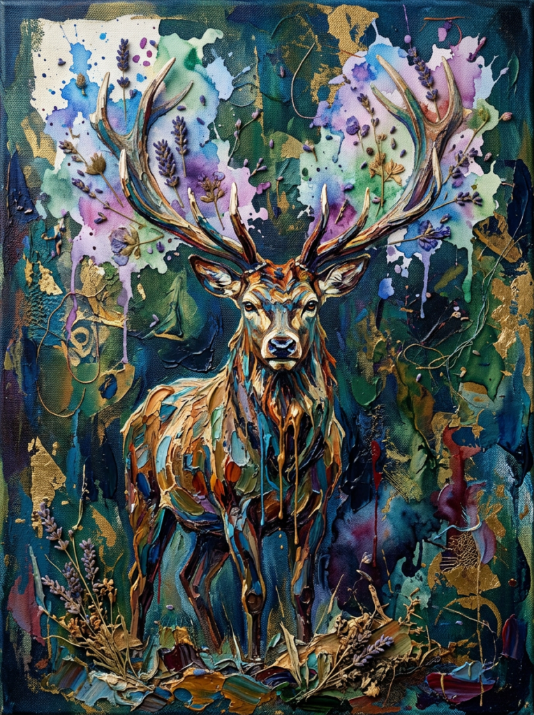 An intricate surreal mixed media AI art prompt render of a majestic stag combining watercolor and impasto oil paint