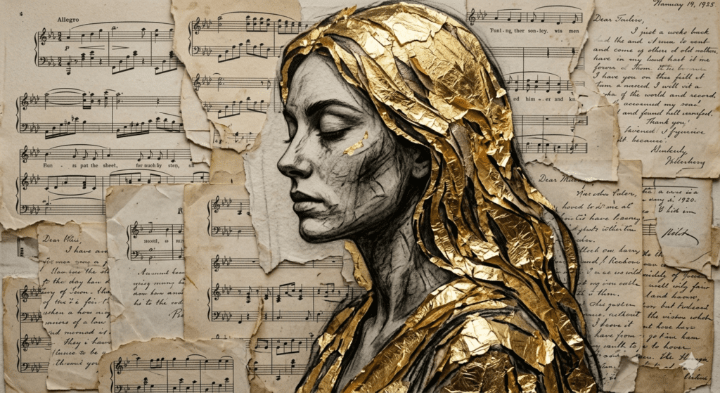A stunning surreal mixed media AI art prompt render of a woman portrait using charcoal and gold leaf layers for THE PROMPT HOME