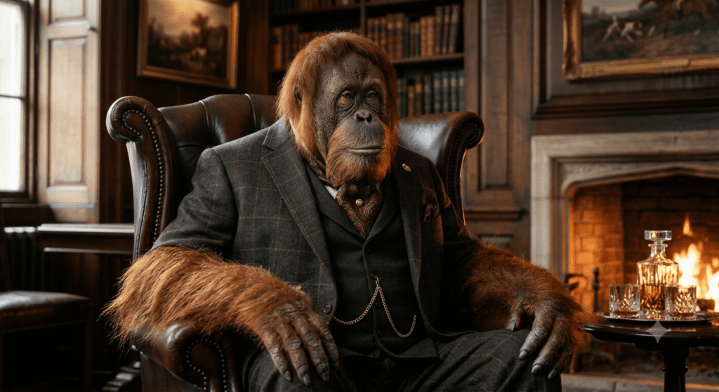A premium 8K Victorian orangutan aristocrat character portrait generated using monkey portrait in vintage style prompt metrics