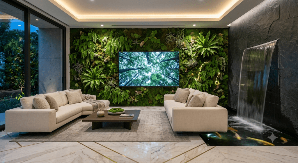 An ultra modern luxury TV lounge with a curved OLED screen on a vertical moss wall and an indoor waterfall