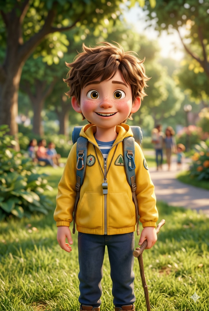 A 3D Pixar style character of a young boy explorer in a yellow jacket for THE PROMPT HOME guide